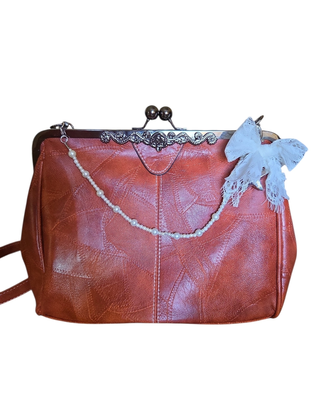 Brown Vintage-Style Shoulder Bag with Pearl Accent